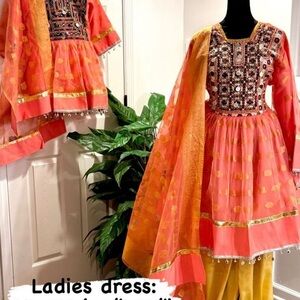 Vibrant Orange and Pink Embroidered Afghan Mother and daughter set